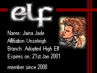 Elf membership card bearing the text 'Name: Jaina Jade, Affilation: Unseleigh, Branch: Adopted High Elf, Expires on: 21st Ja. 2001, member since 2000'